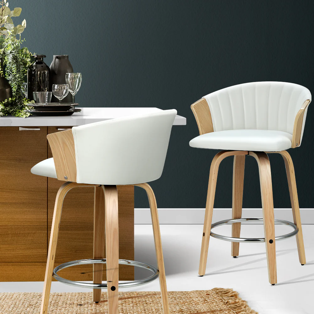 Set of 2 Salisbury Bar Stools Kitchen Stool Wooden Chair Swivel Chairs Leather - White - Nurns