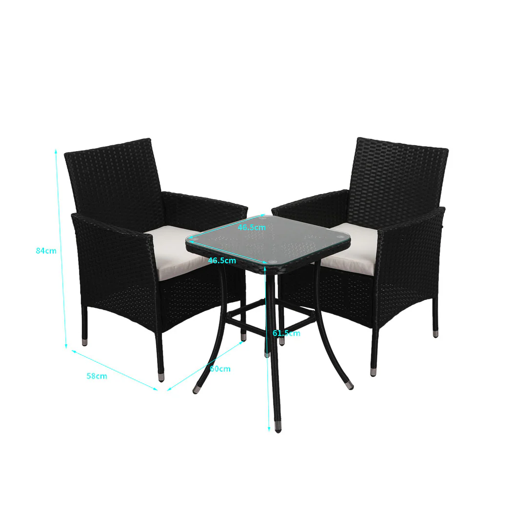 Finn 2-Seater Furniture Chair Table Patio Garden Rattan Seat 3-Piece Outdoor Setting - Black - Nurns
