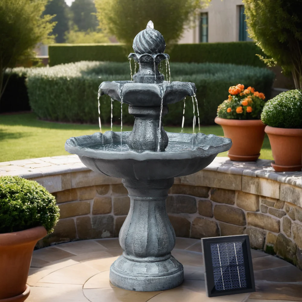 Solar Water Feature 3-Tier Fountain with Pump Kit Bird Bath 93cm - Black - Nurns