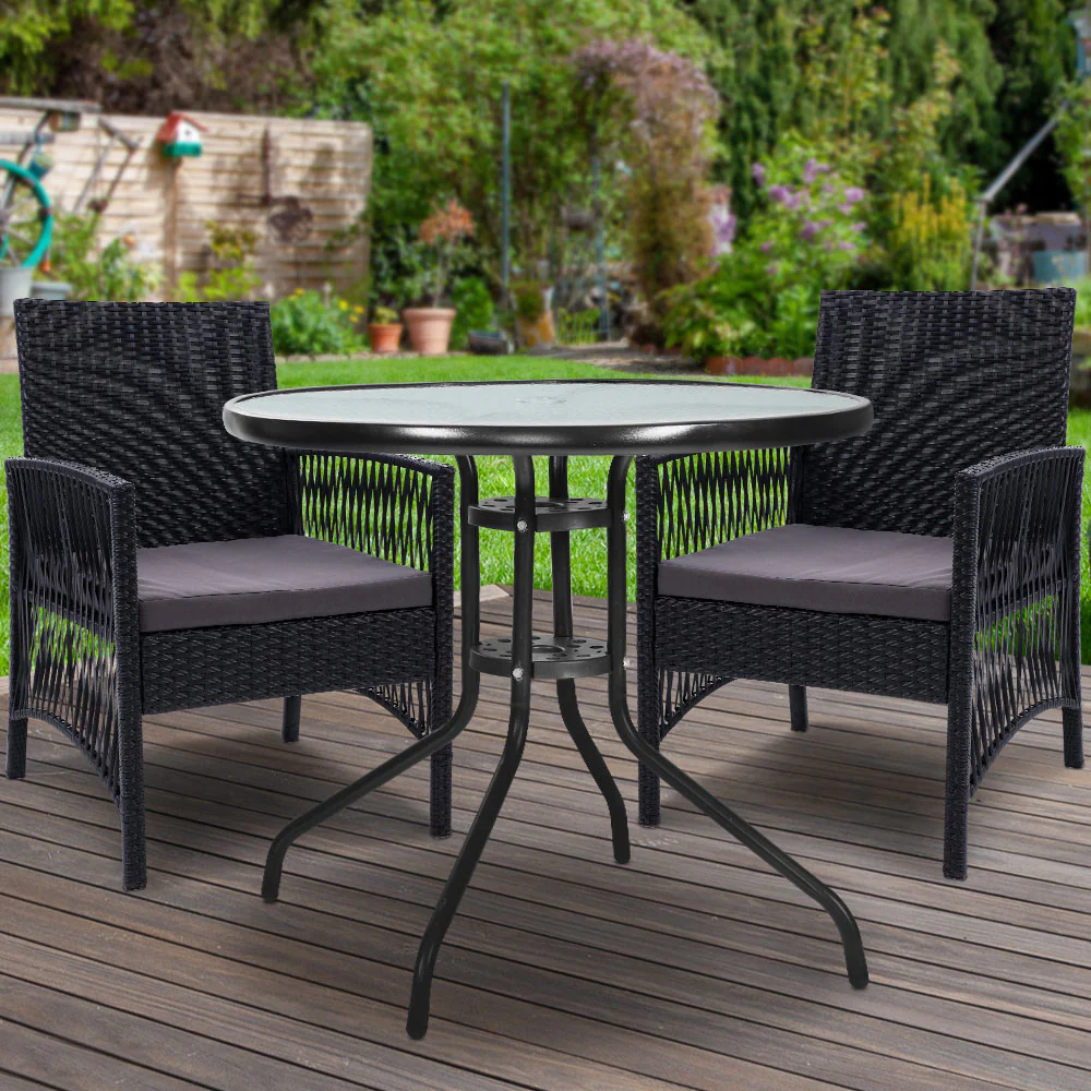 Shanklin 2-Seater Chairs Wicker Garden Patio Cushion Tea Coffee Cafe Bar 3-Piece Outdoor Furniture - Black - Nurns