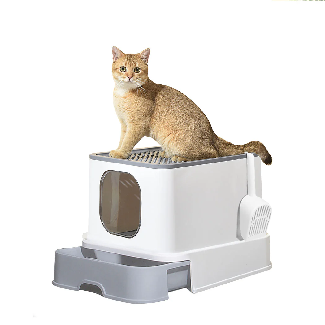 Cat Litter Box Fully Enclosed Kitty Toilet Trapping Sifting Odor Control Basin - Grey - Nurns