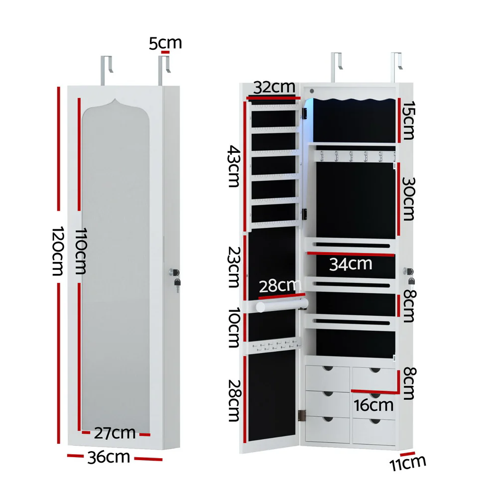 Jewellery Cabinet LED Mirror Lockable - White - Nurns