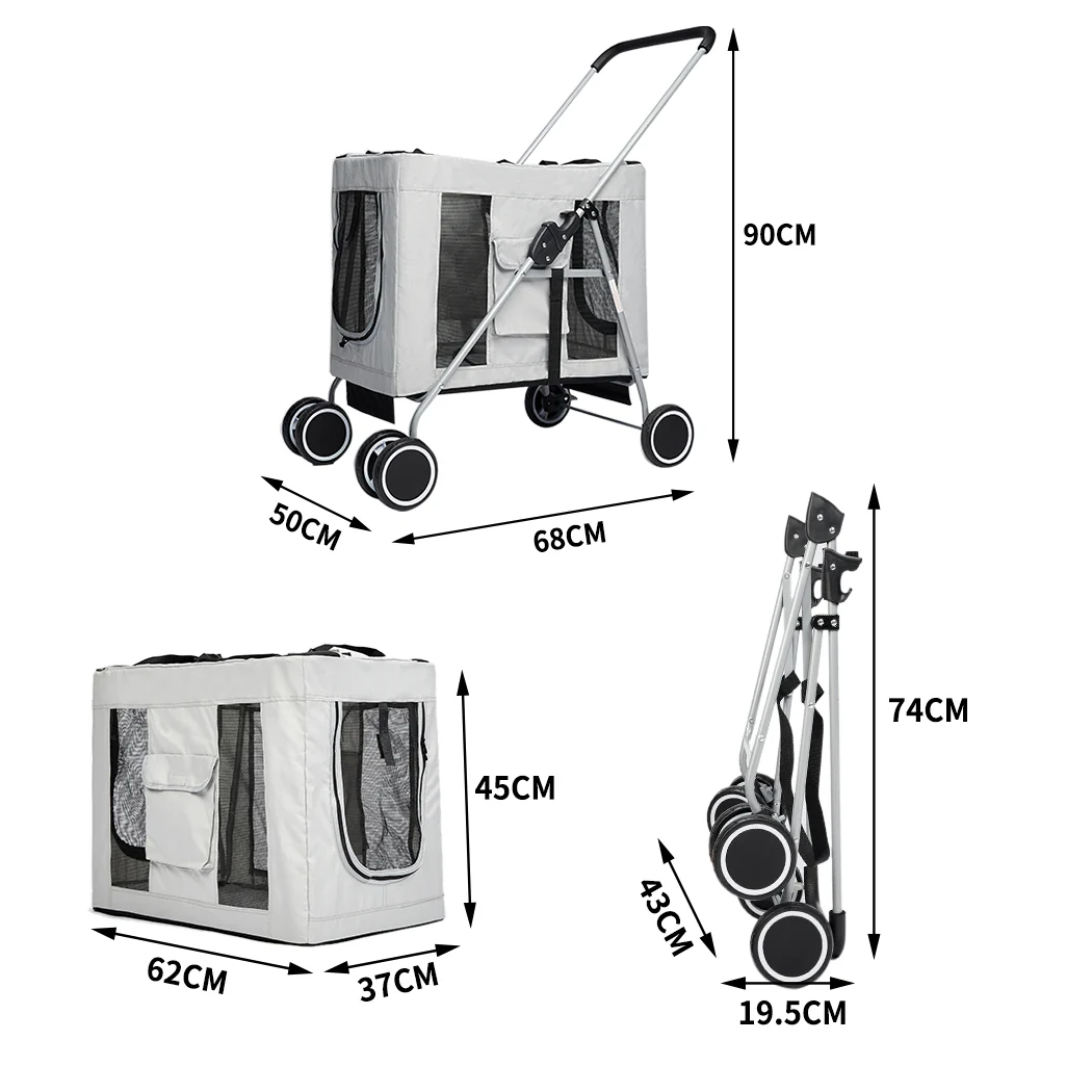 Pet Stroller Dog Cat Puppy Pram Travel Carrier 4 Wheels Pushchair Foldable Grey - Nurns
