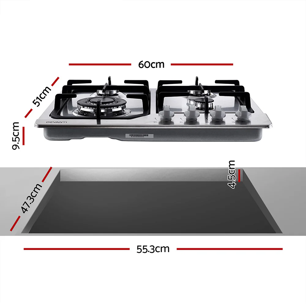 Devanti Gas Cooktop 60cm 4 Burner Silver - Nurns