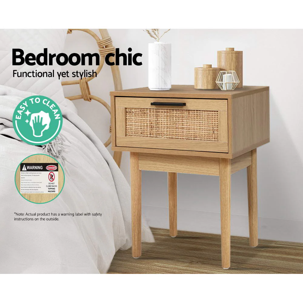Guelph Wood Rattan Bedside Tables Storage Cabinet Rattan Wood Nightstand - Wood - Nurns