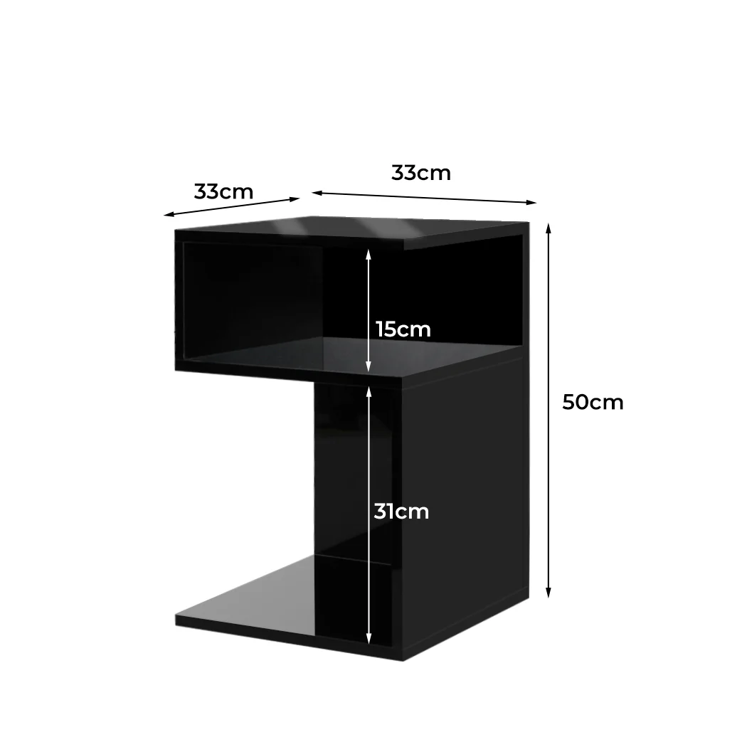 Dawson Wooden High Gloss Bedside Tables Wood Nightstand Storage Cabinet Bedroom - Black - Nurns