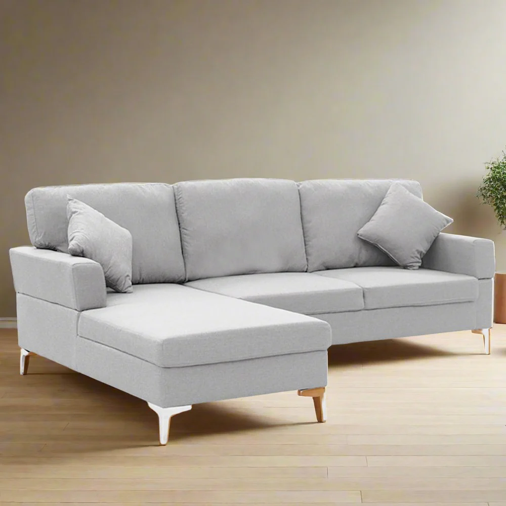 Mio 3-Seater L-Shaped Linen Sofa Lounge Right Side Chaise Couch - Light Grey - Nurns