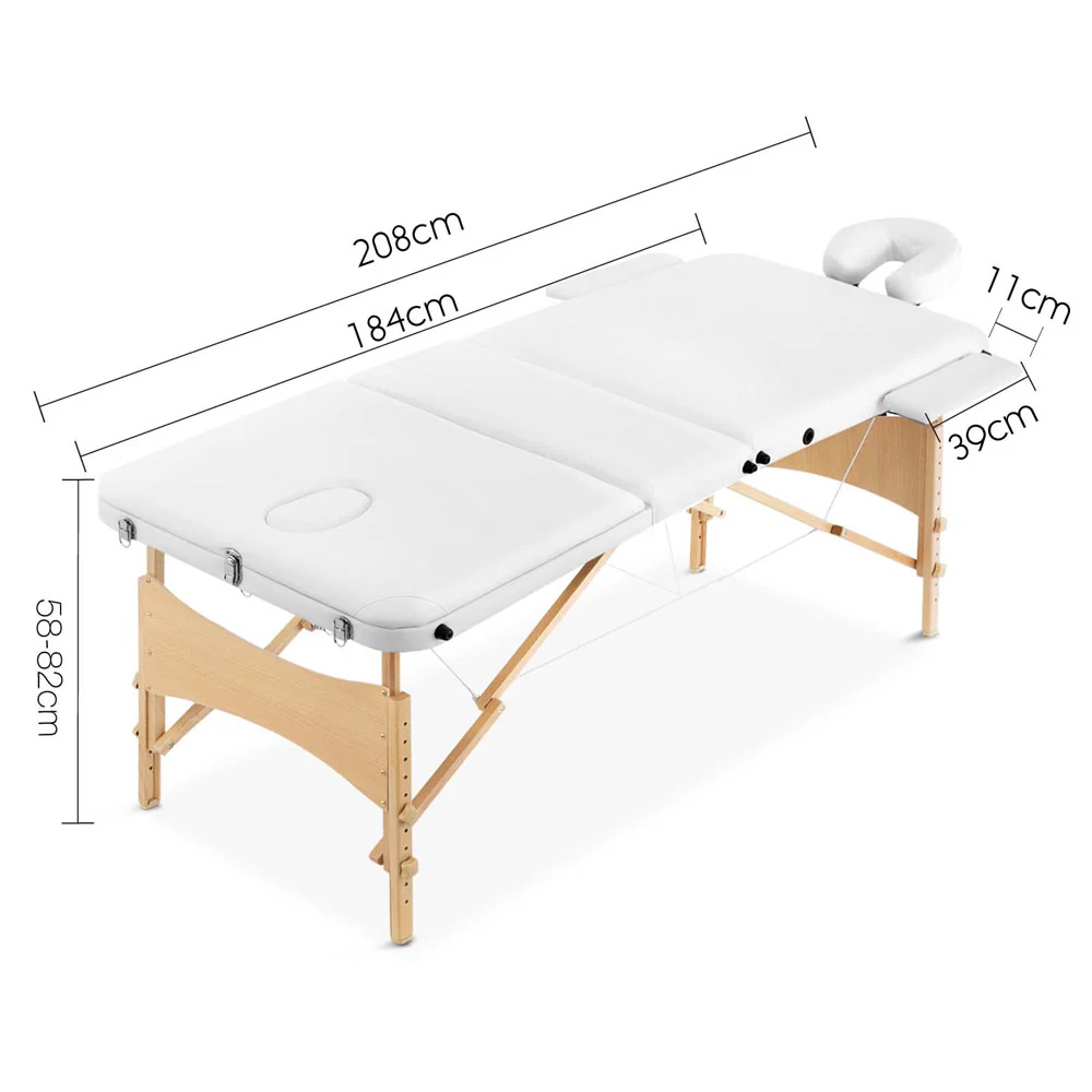 Massage Table 70cm 3 Fold Wooden Portable Beauty Therapy Bed Waxing White - Nurns