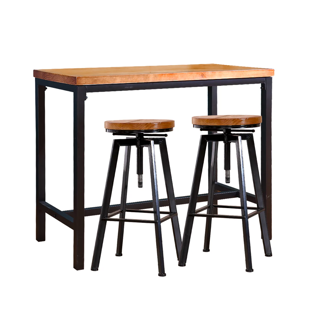 Set of 3 Potenza Industrial Pub Table & Bar Stools Wood Chair Set Home Kitchen Furniture - Black & Wood - Nurns