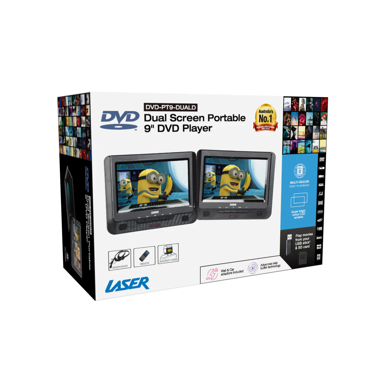 Laser 9 Inch Dual Screen DVD Player - Black - Nurns