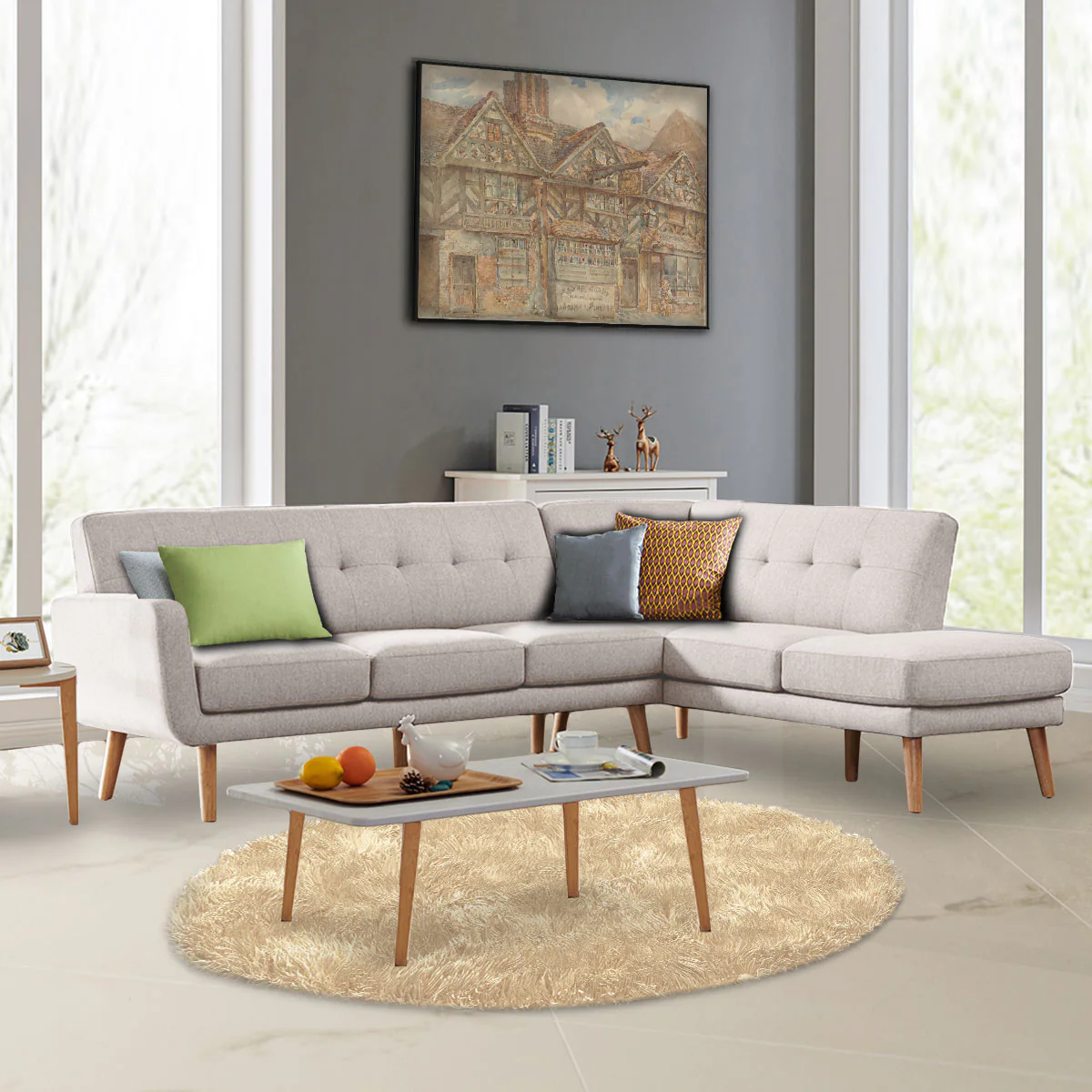 Marisol 6-Seater L-Shaped Faux Linen Wooden Corner Sofa with Right Chaise - Light Grey - Nurns