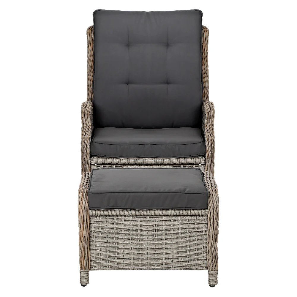 Yeovil Set of 2 Recliner Chair Outdoor Furniture Setting Patio Wicker Sofa Chair and Ottoman - Grey - Nurns