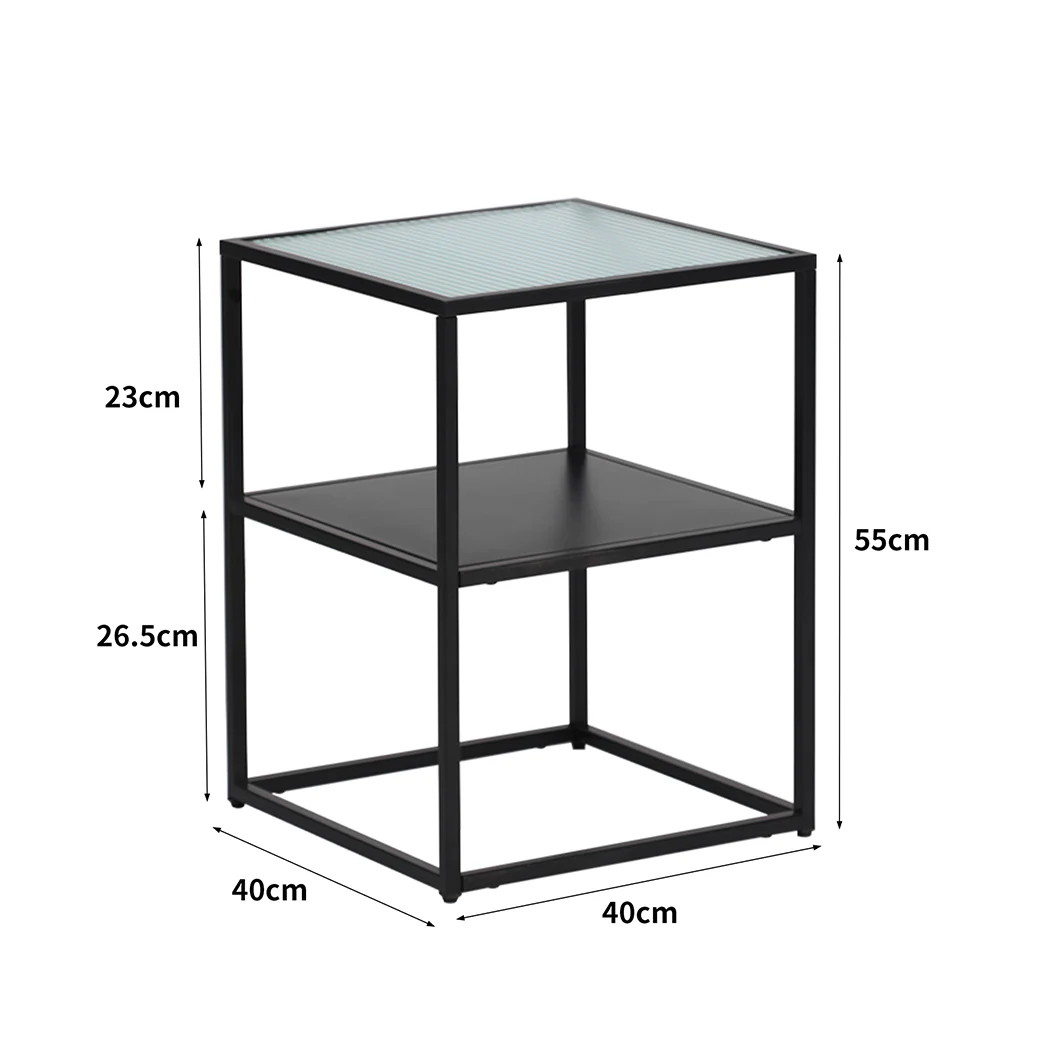 Ileana 2-Tier Side Open Design Steel Home Shelf Safety Glass End Table - Black - Nurns