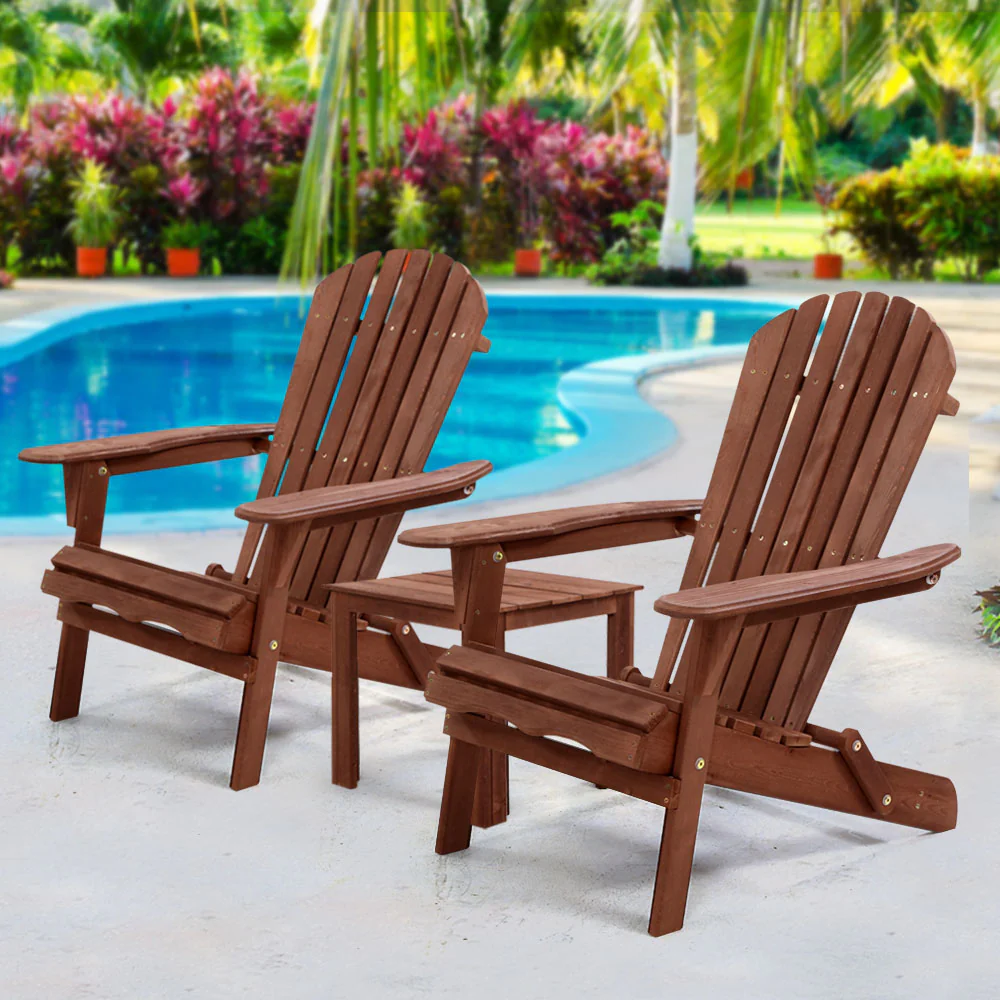 Adirondack Gardeon 3PC Outdoor Table and Chairs Wooden Foldable Beach Chair Brown - Nurns