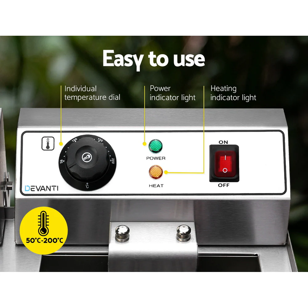 Devanti 20L Electric Commercial Deep Fryer Double Baskets Oil Taps 6000W - Nurns