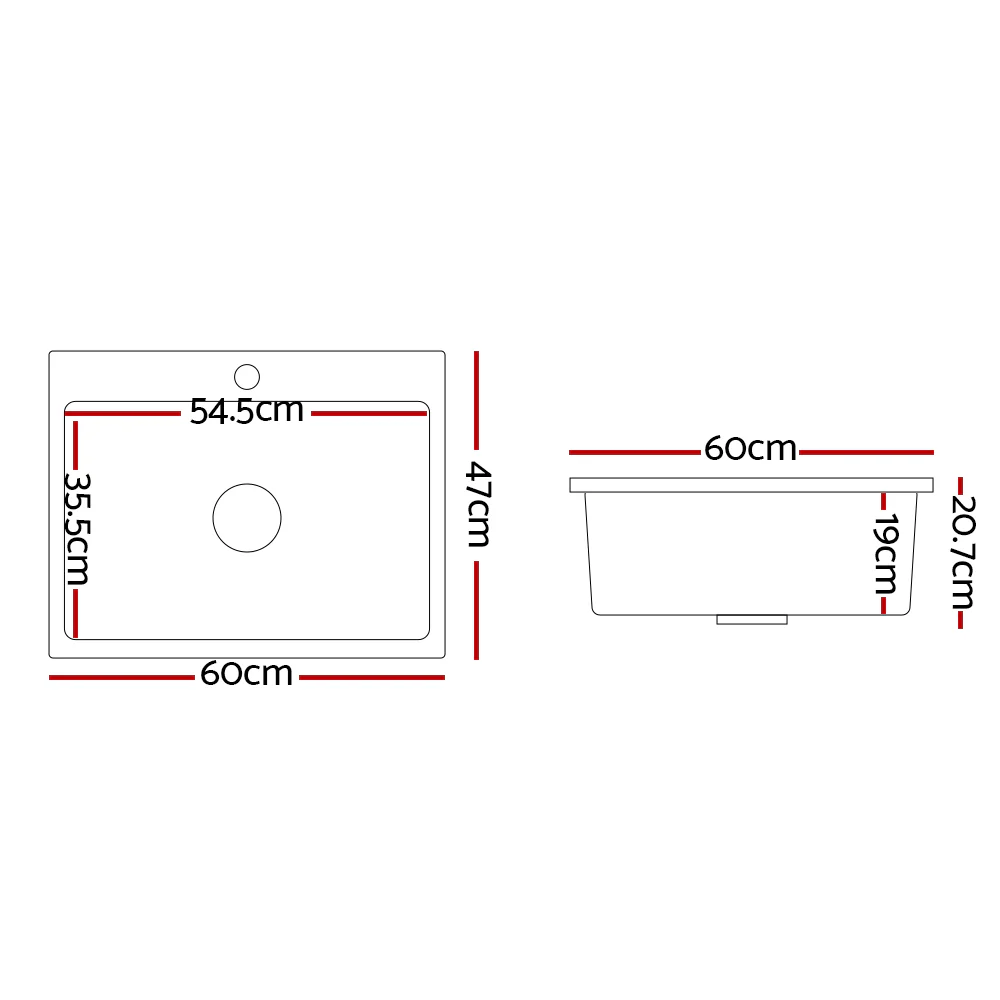 Kitchen Sink Granite Stone Sinks Basin Single Bowl Black 600mmx470mm - Nurns