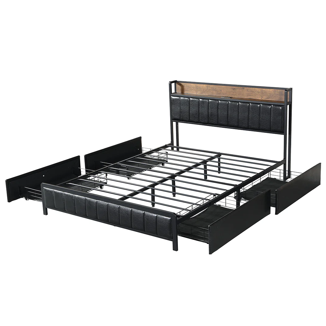 Fargo Bed Frame PU with 4 Drawers and USB Charger - Black Queen - Nurns