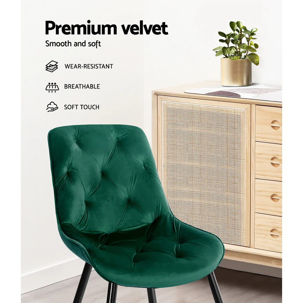 Hadley Set of 2 Dining Chairs Velvet Diamond Tufted - Green - Nurns
