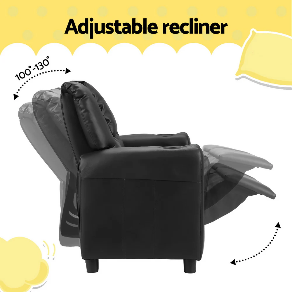 Primy Kids Recliner Chair Double PU Leather Sofa Lounge Couch Armchair - Black - Nurns
