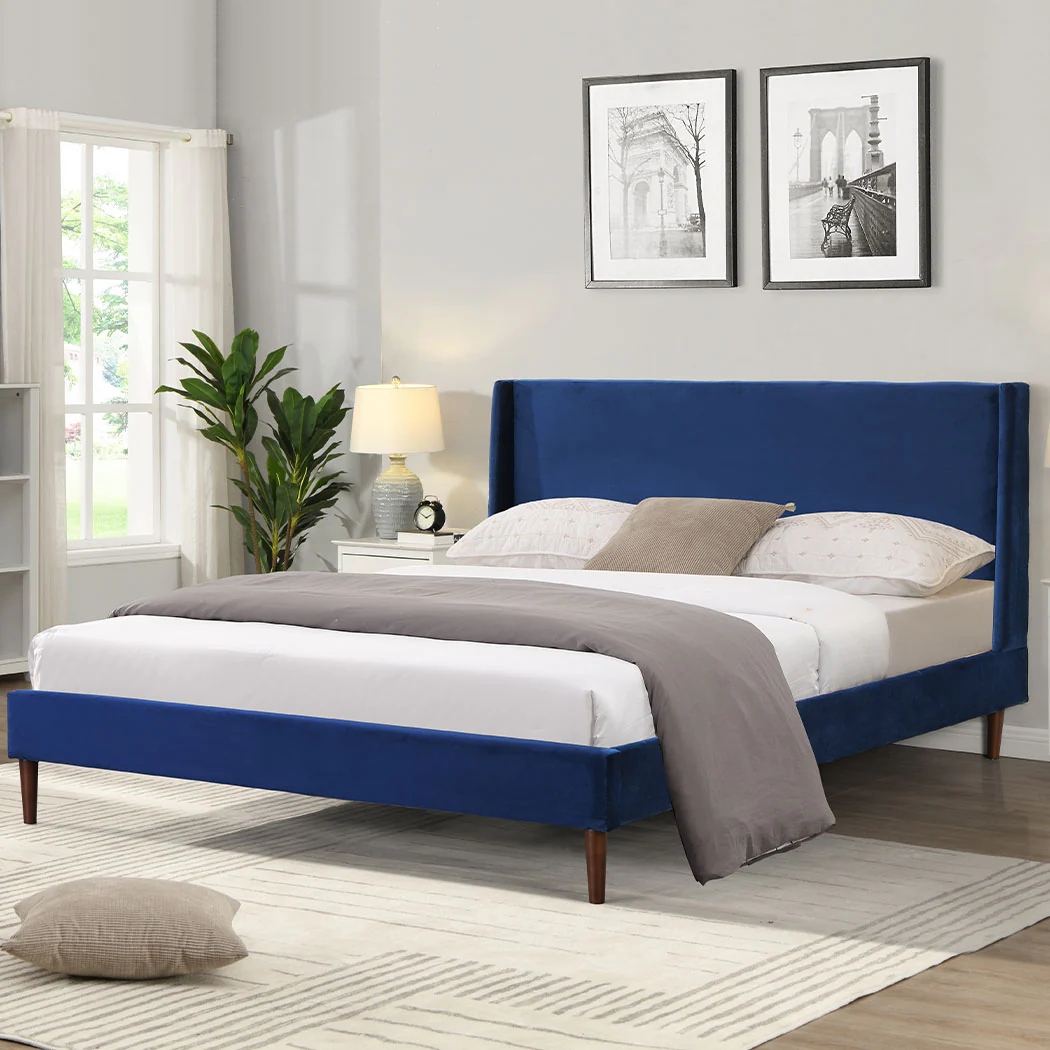 Erin Velvet Headboard Wooden Bed Frame - Blue Double - Nurns