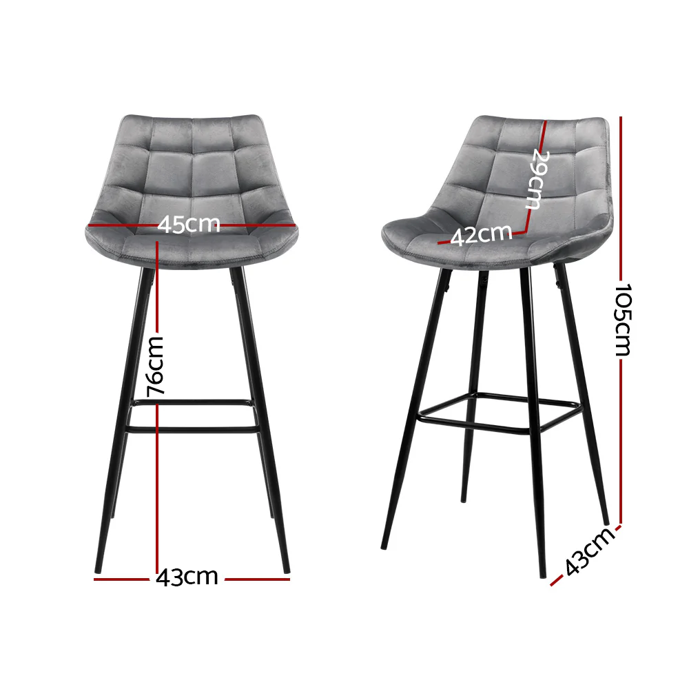 Set of 2 Loures Velvet Bar Stools - Grey - Nurns