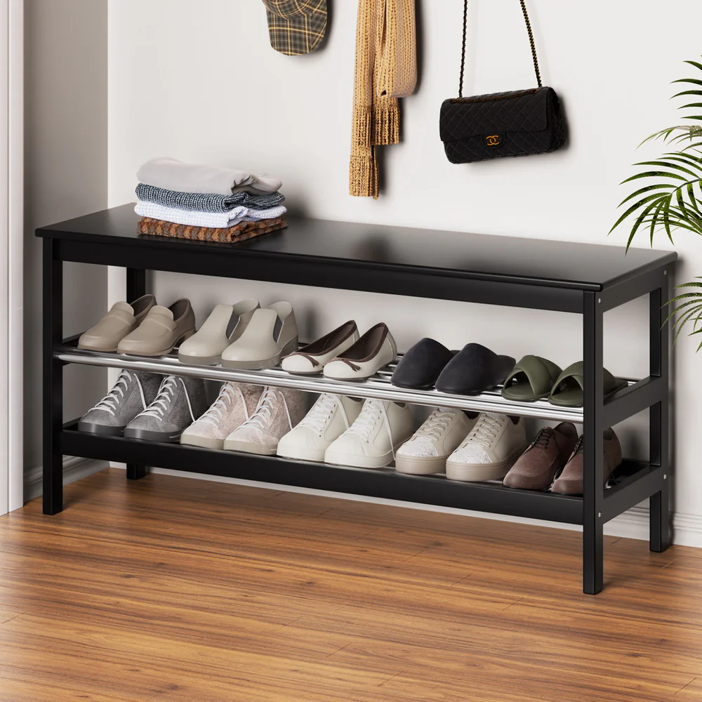 Artiss Shoe Rack Cabinet Bamboo Bench 10 Paris Black - Nurns