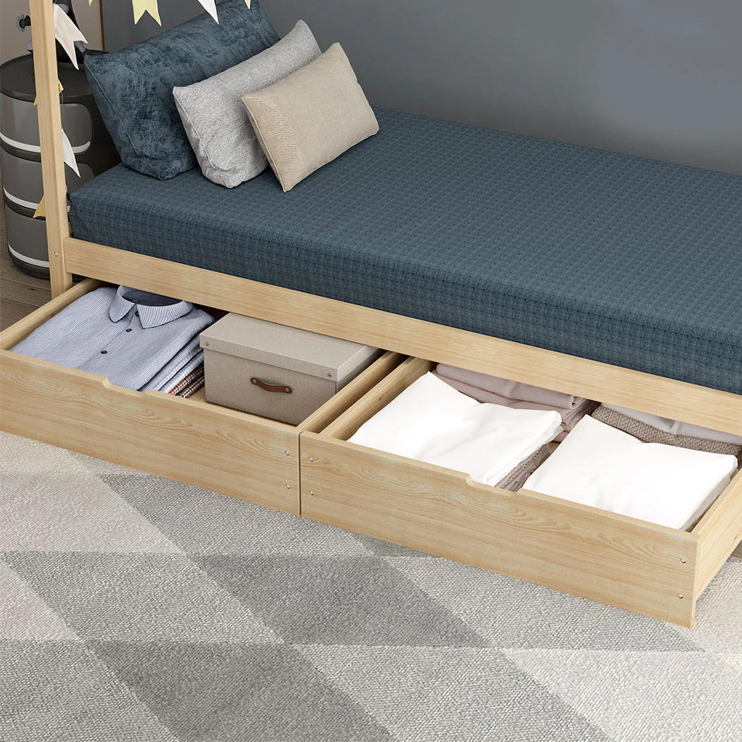 York Set of 2 Bed Frame Storage Drawers Wooden Timber Trundle For Bed Frame Base - Natural - Nurns