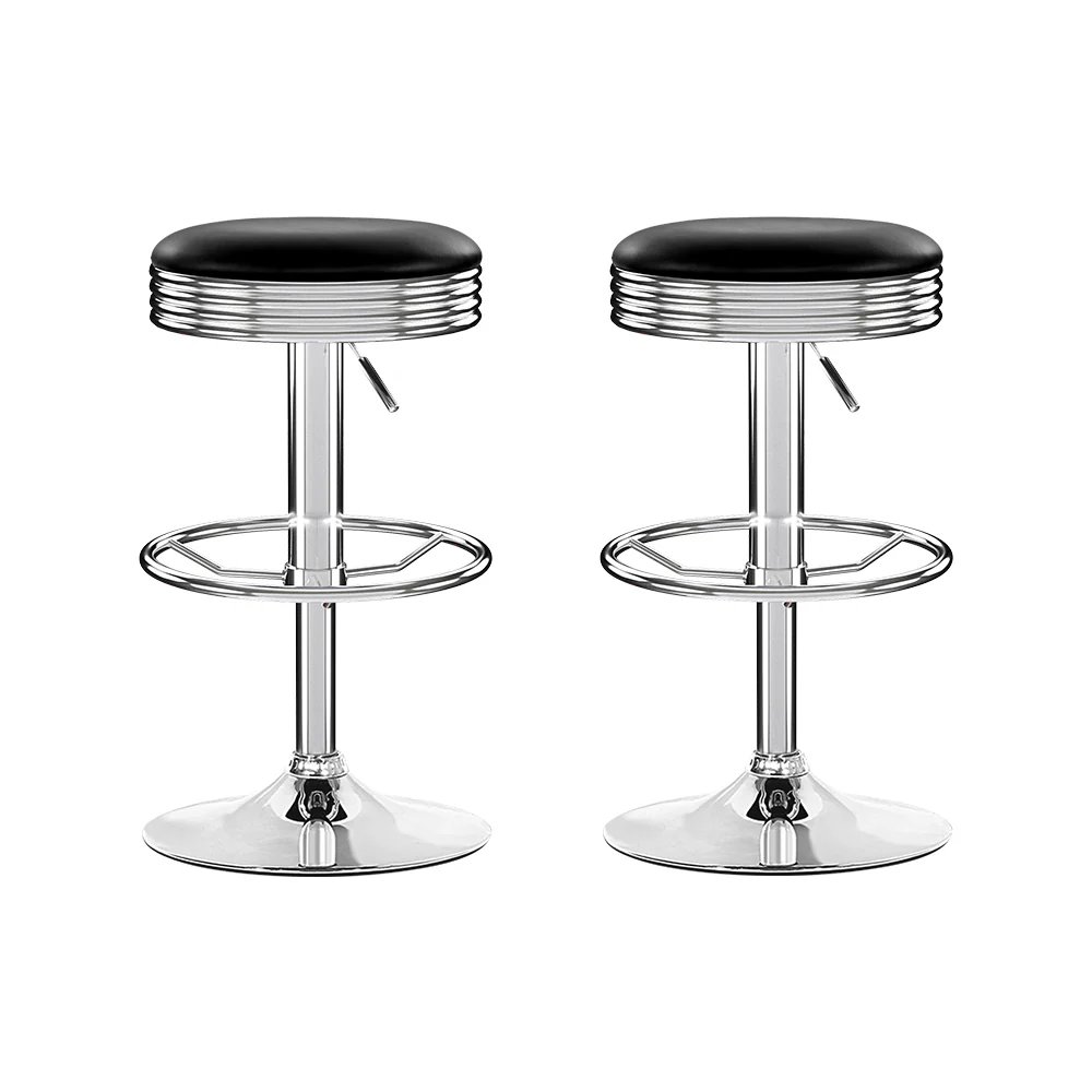 Set of 2 Kozani Backless PU Leather Bar Stools - Black & Chrome - Nurns