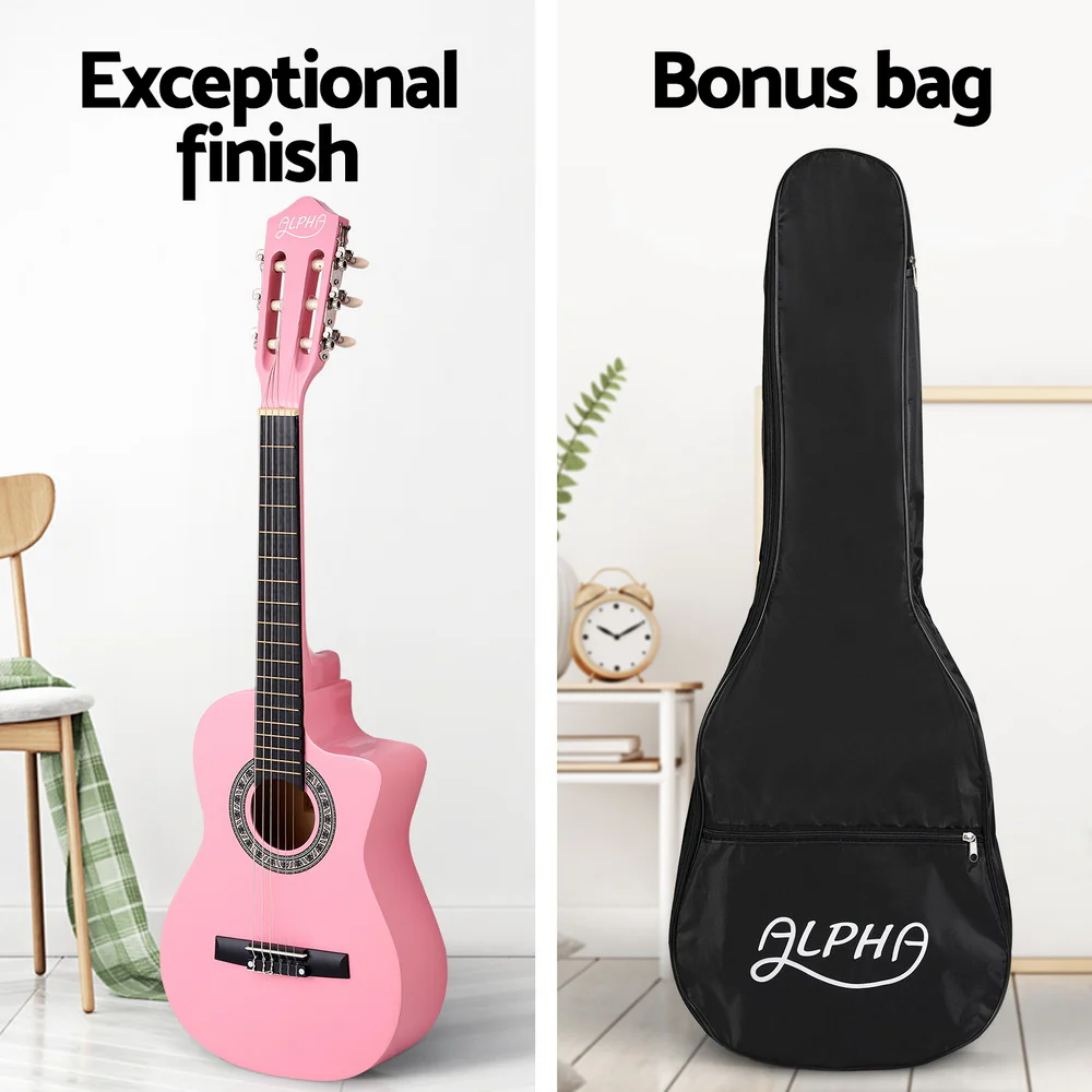 Alpha 34 Inch Classical Guitar Wooden Body Nylon String Beginner Kids Gift Pink - Nurns