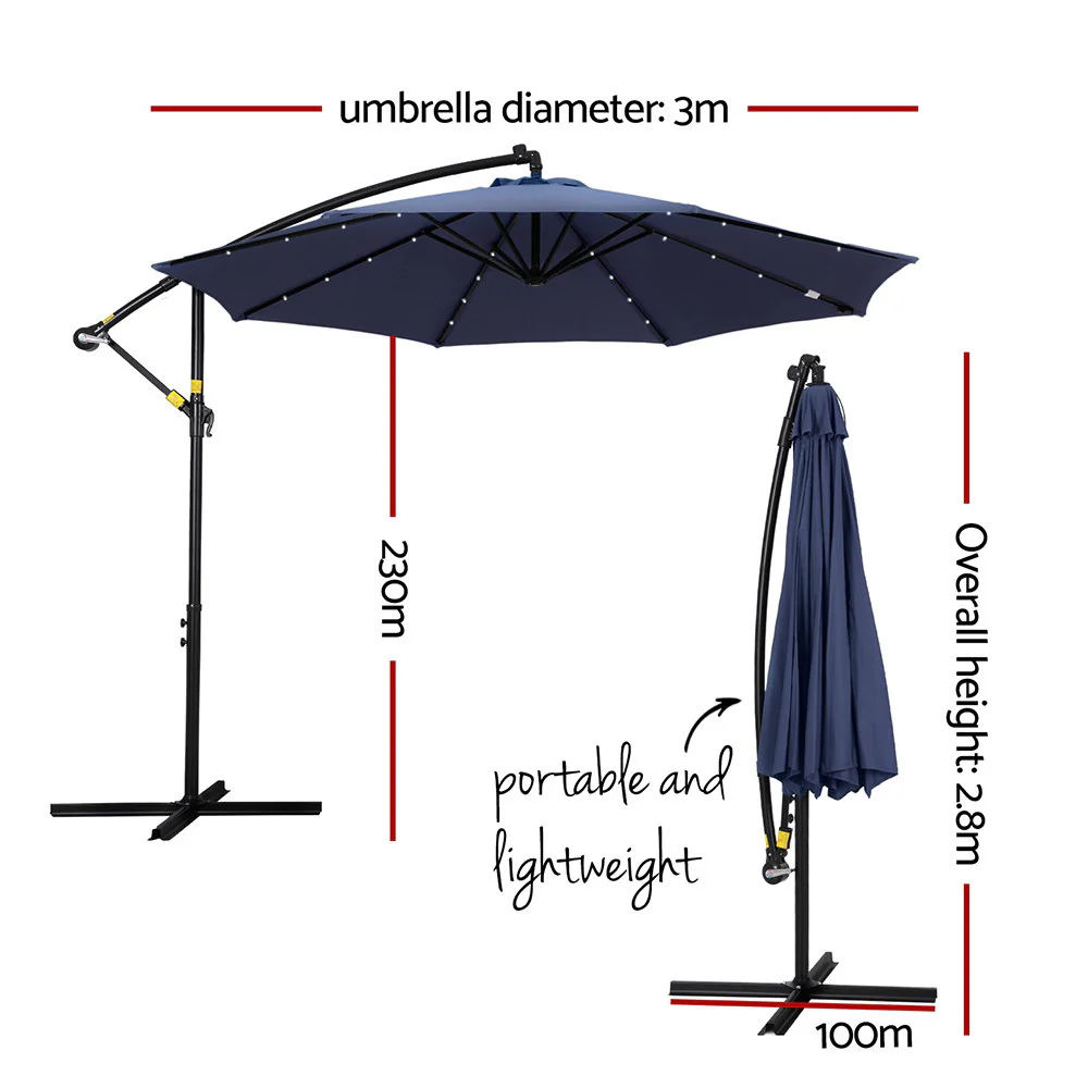 Instahut Outdoor Umbrella 3M Cantilever Beach LED Umbrellas Garden Shade Patio - Nurns