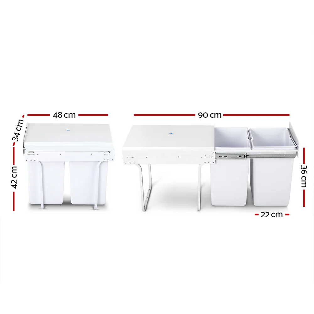 Pull Out Bin Kitchen Double Basket 2X20L White - Nurns