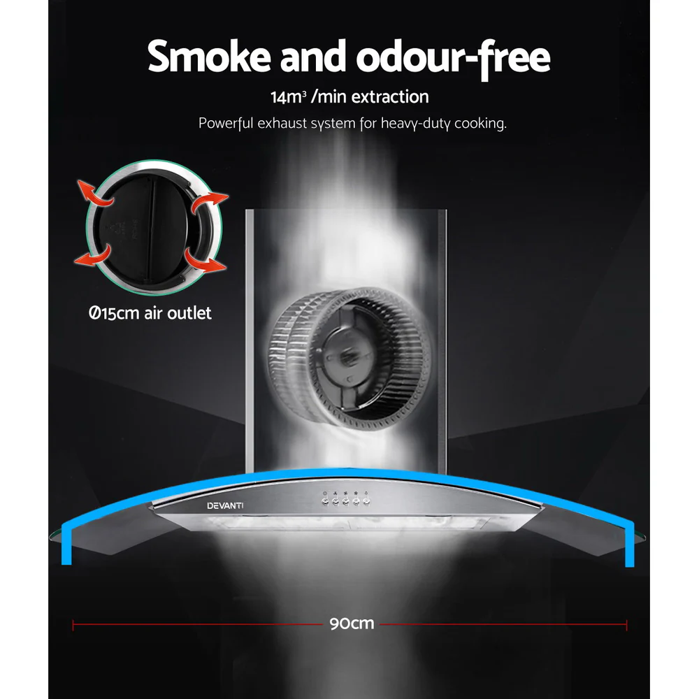 Devanti 900mm Range Hood 90cm Rangehood Glass Canopy - Nurns