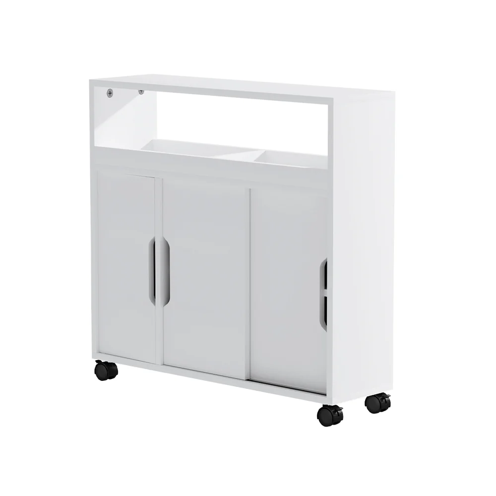 Bathroom Storage Cabinet Toilet Caddy Shelf 3 Doors With Wheels White - Nurns