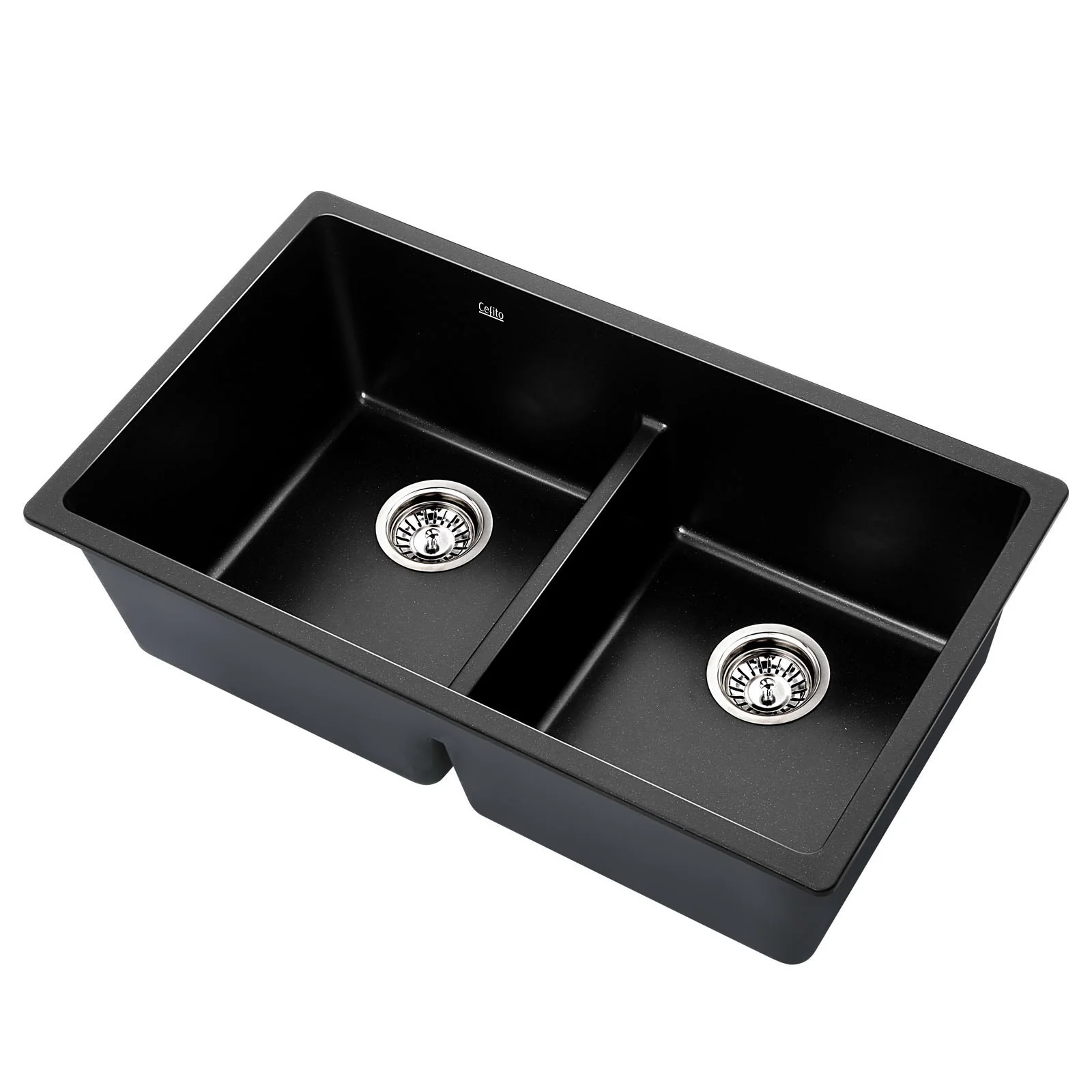 Stone Kitchen Sink 790X460MM Granite Under/Topmount Basin Double Bowl Black - Nurns
