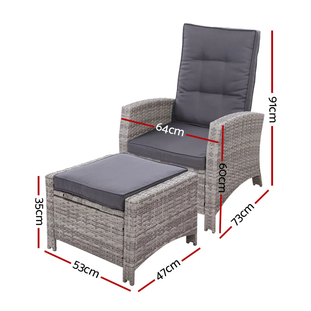 Dursley Set of 2 Recliner Chair Outdoor Furniture Setting Patio Wicker Sofa Chair and Ottoman - Grey - Nurns