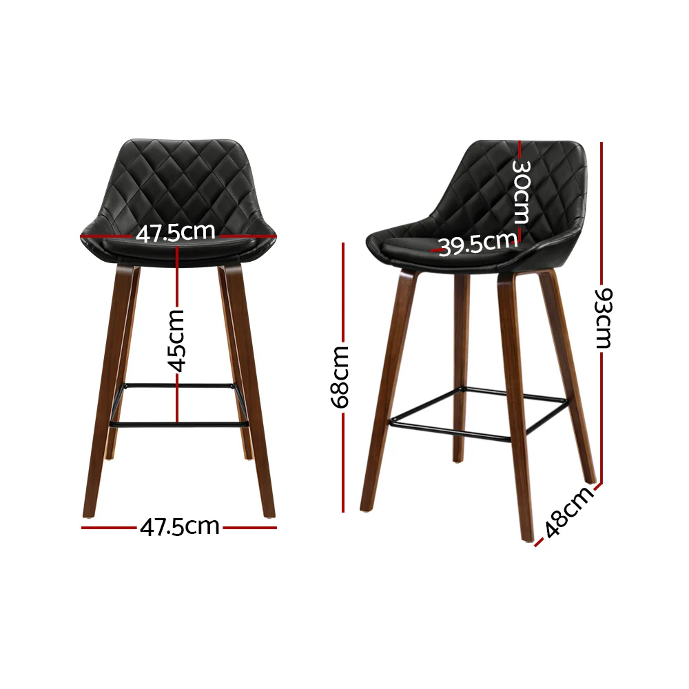 Set of 2 Aveiro Bar Stools Bentwood PU Leather Diamond Pleat - Black - Nurns