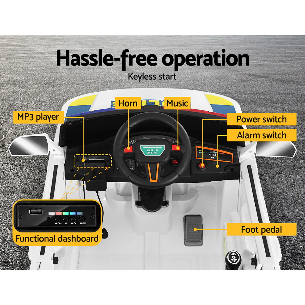 Kids Electric Ride On Patrol Police Car Horn Music Remote - White - Nurns