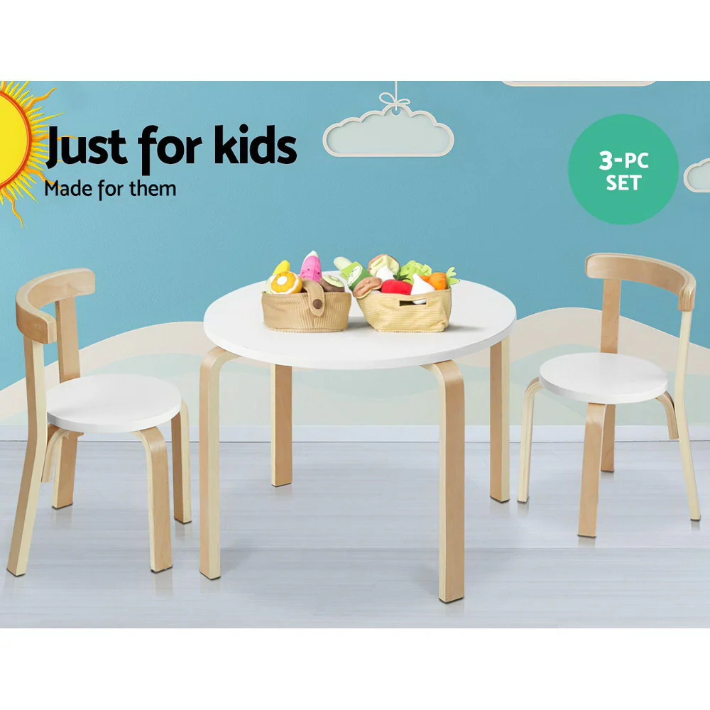 Paige 3-Piece Kids Table & Chairs Set Nordic Desk Activity Study Play Children Modern - White & Wood - Nurns