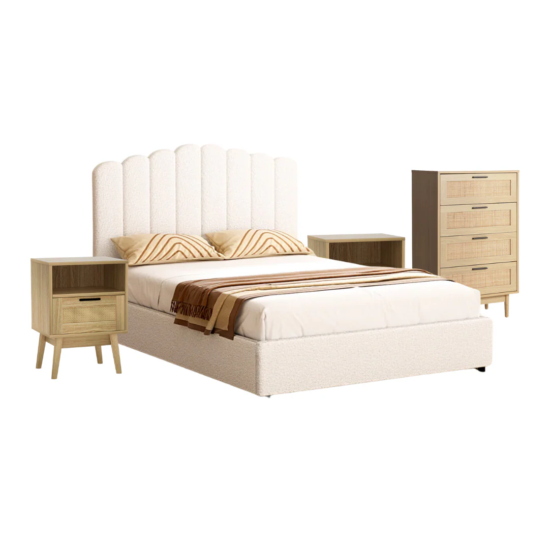 Belfast Queen Bedroom Suite 5 Piece 1x Queen Mattress 1x Bouclé Queen Bed Frame 2x Rattan Bedside Tables and 1x Rattan Tallboy - Nurns