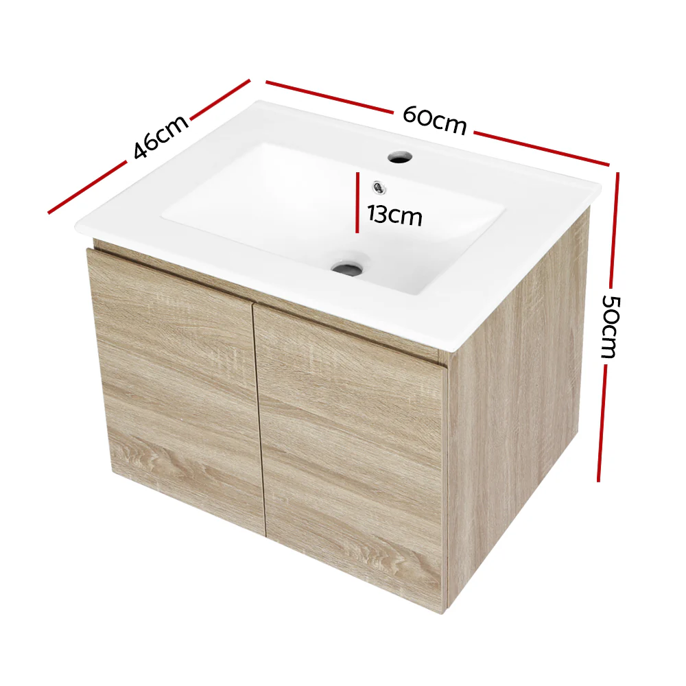 Vanity Unit Basin Cabinet Storage Bathroom Wall Mounted Ceramic 600mm Oak - Nurns