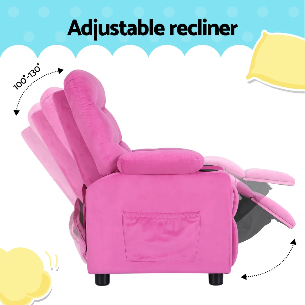 Pippa Kids Recliner Chair Velvet Sofa Lounge Couch Children Chairs Armchair - Pink - Nurns