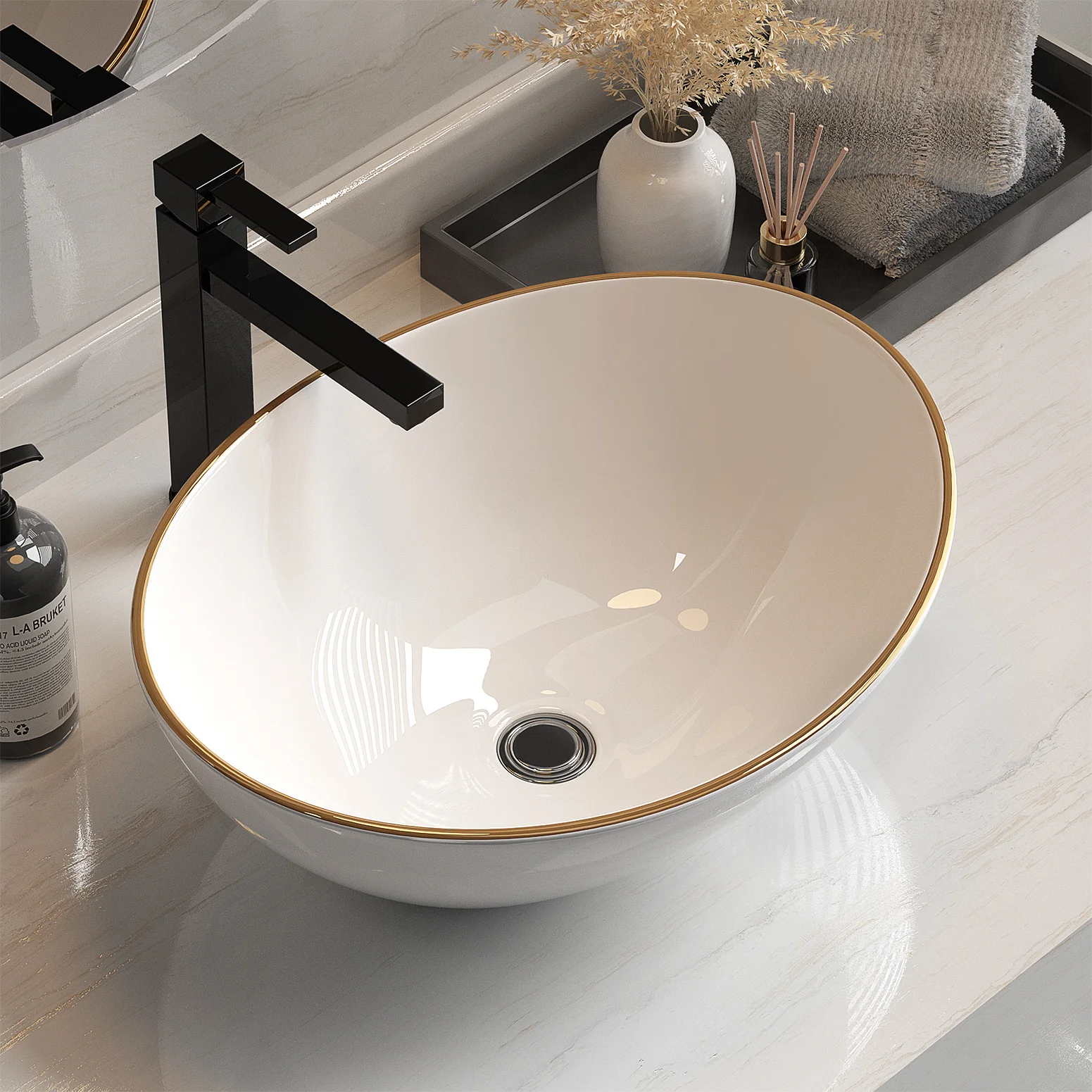 Bathroom Basin Ceramic Vanity Sink Hand Wash Bowl Gold Line 41x34cm - Nurns