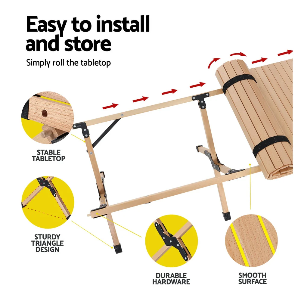 Outdoor Furniture Wooden Egg Roll Picnic Table Camping Desk 120CM - Nurns