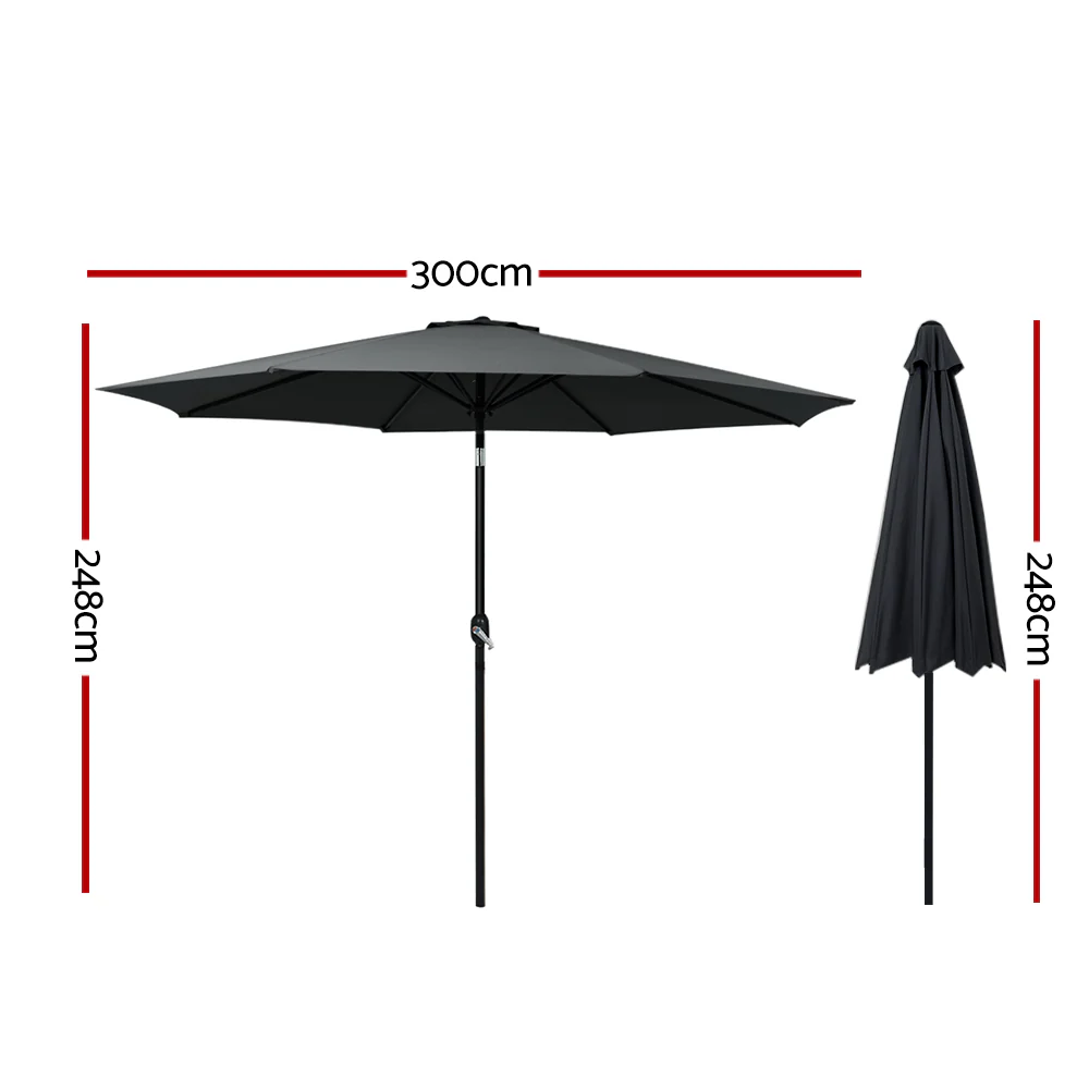 Instahut 3m Outdoor Umbrella Beach Pole Garden Patio Tilt Black - Nurns