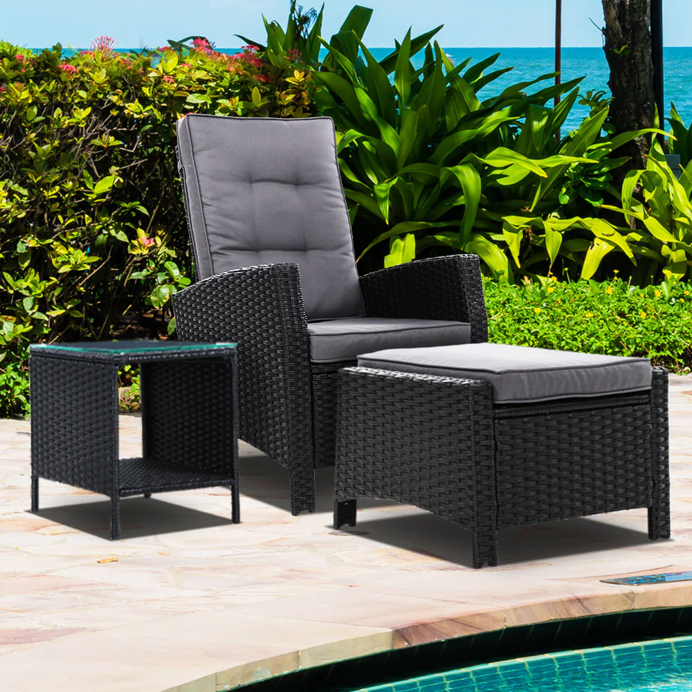 Ross 3-Piece Recliner Chairs Table Wicker Outdoor Furniture Adjustable - Black - Nurns