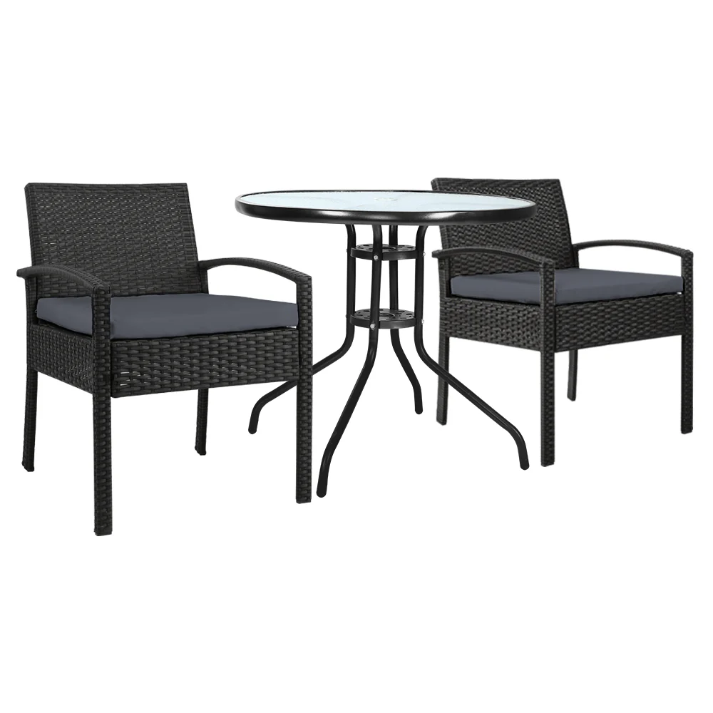 Burgess 2-Seater Furniture Chairs Wicker Garden Patio Cushion Tea Coffee Cafe Bar 3-Piece Outdoor Sofa - Black - Nurns