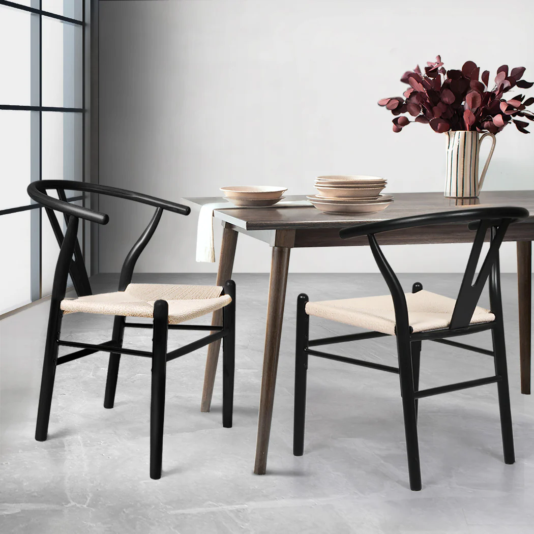 Jett Set of 2 Dining Chairs Wooden Hans Wegner Wishbone Cafe Lounge Seat - Black - Nurns