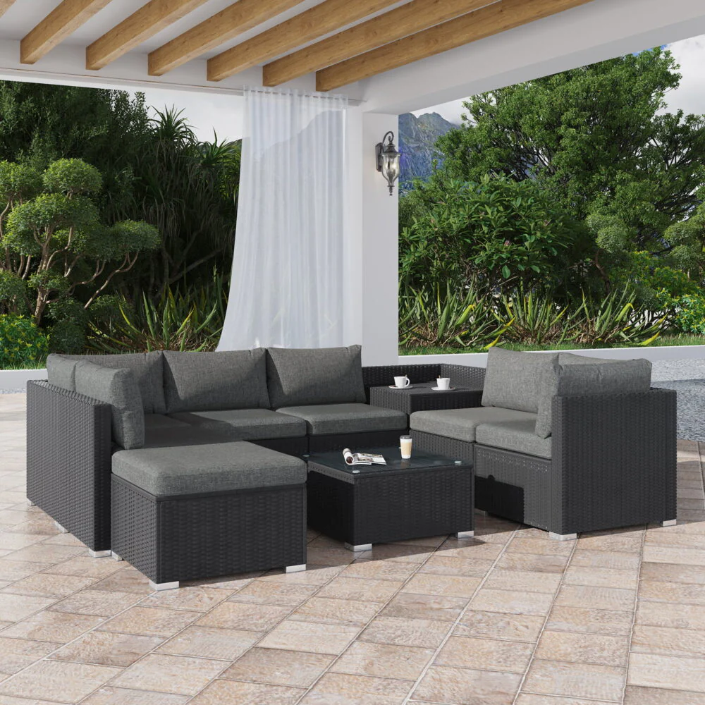 Shannon 6-Seater Large Modular Ottoman Outdoor Lounge Set - Black - Nurns