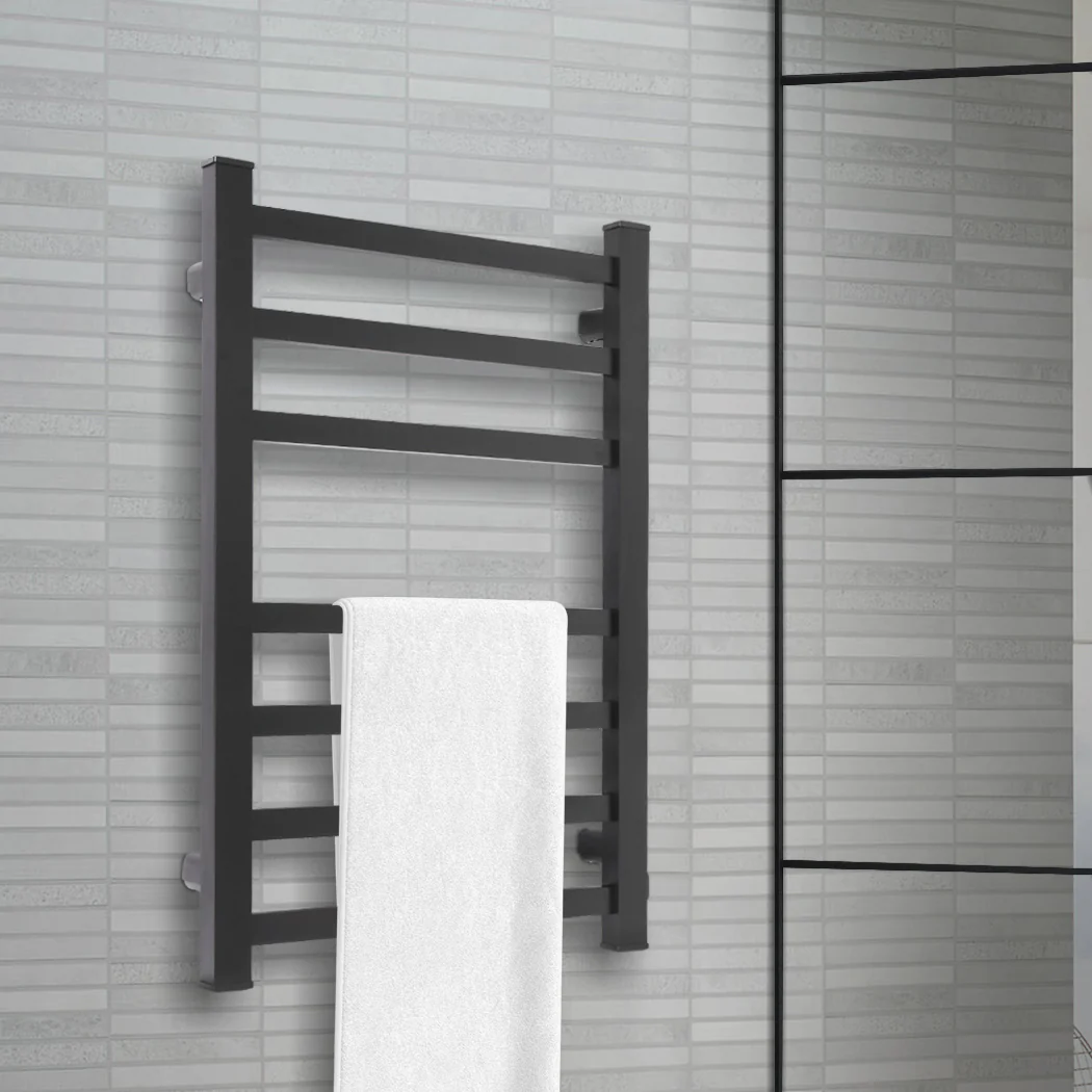 Heated Towel Rail Warmer Rack Wall Mounted - Black - Nurns