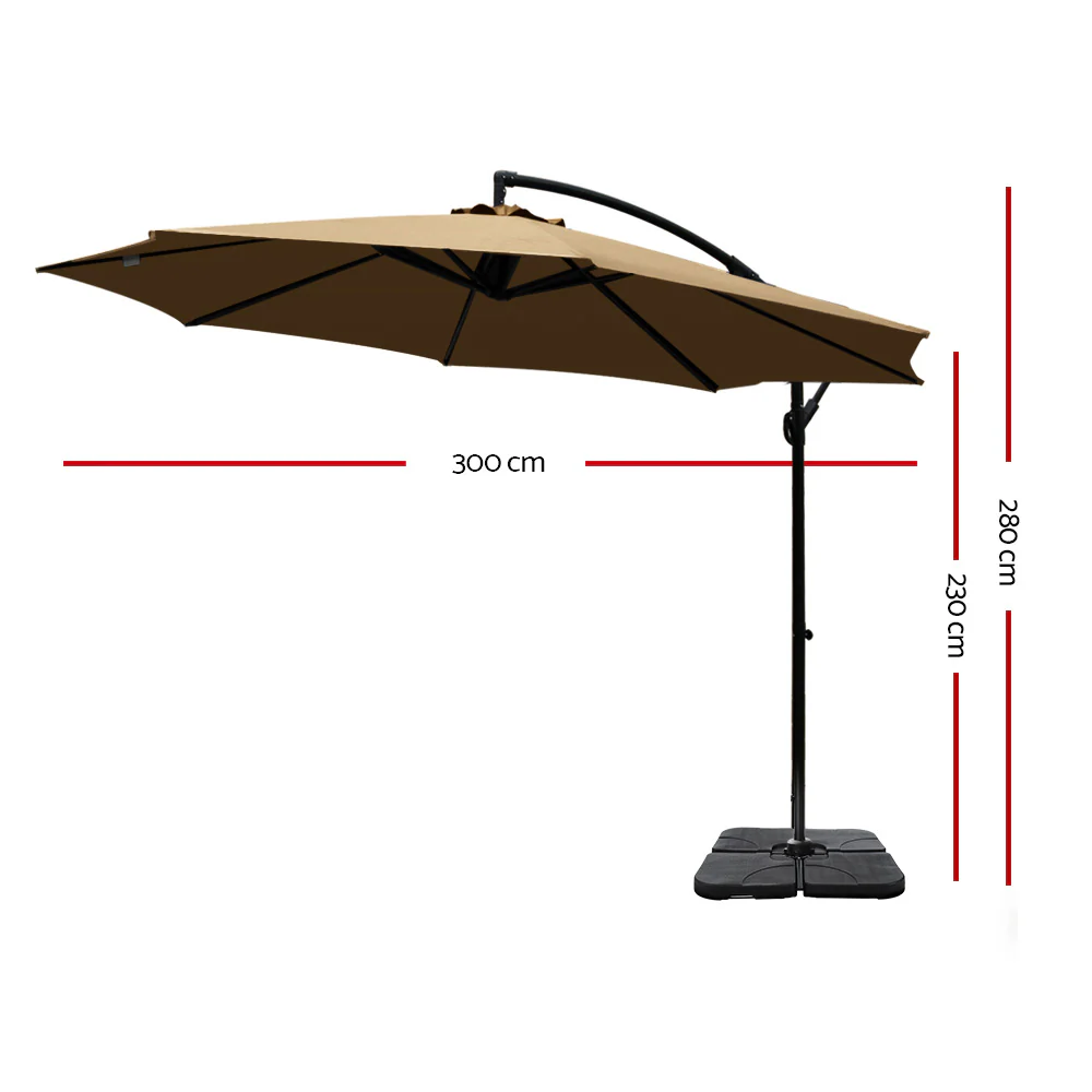 Instahut 3m Umbrella w/Base Outdoor Cantilever Beach Garden Patio Parasol Beige - Nurns